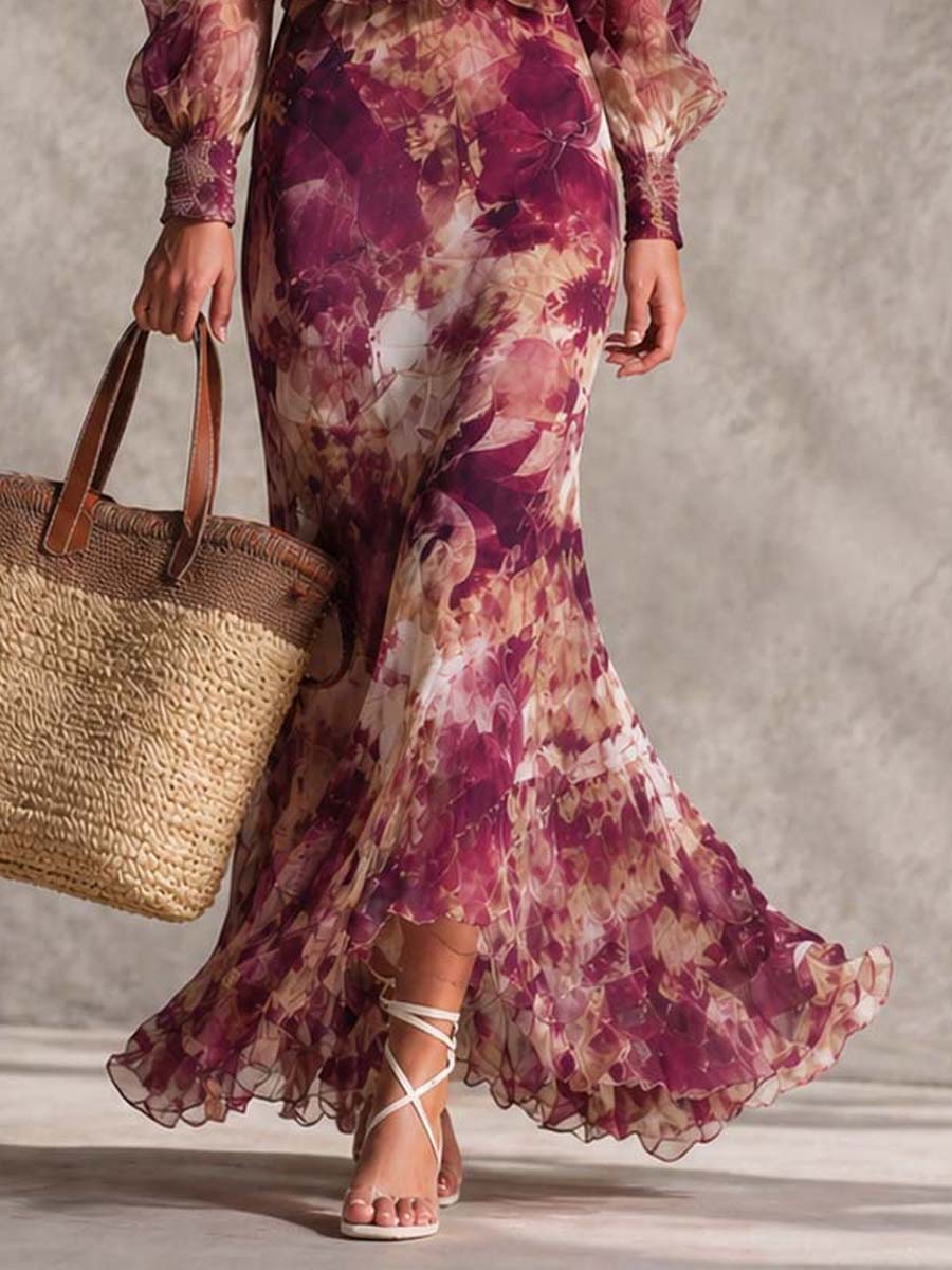 Elegant Rose Pink Floral Off-Shoulder Chiffon Maxi Dress