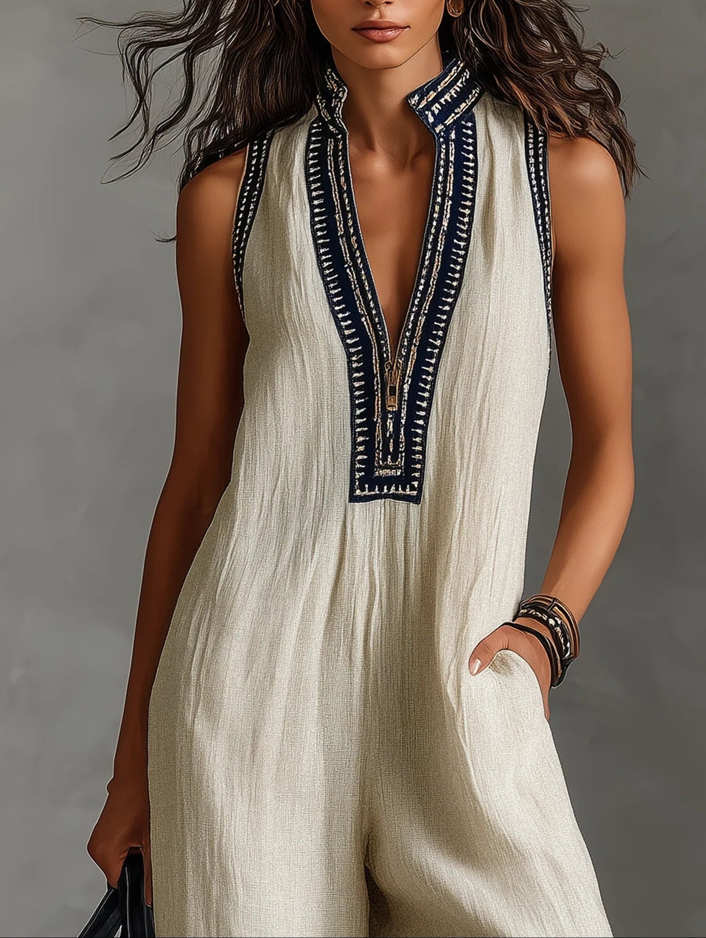 Fiamma Sleeveless Jumpsuit with a Minimalist High Collar and Zip – Modern, Sleek Silhouette