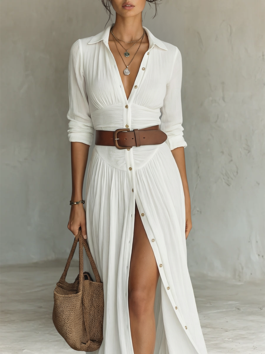 Elegant Long Maxi Dress with Notched Collar and Long Sleeves for Women β Size S1