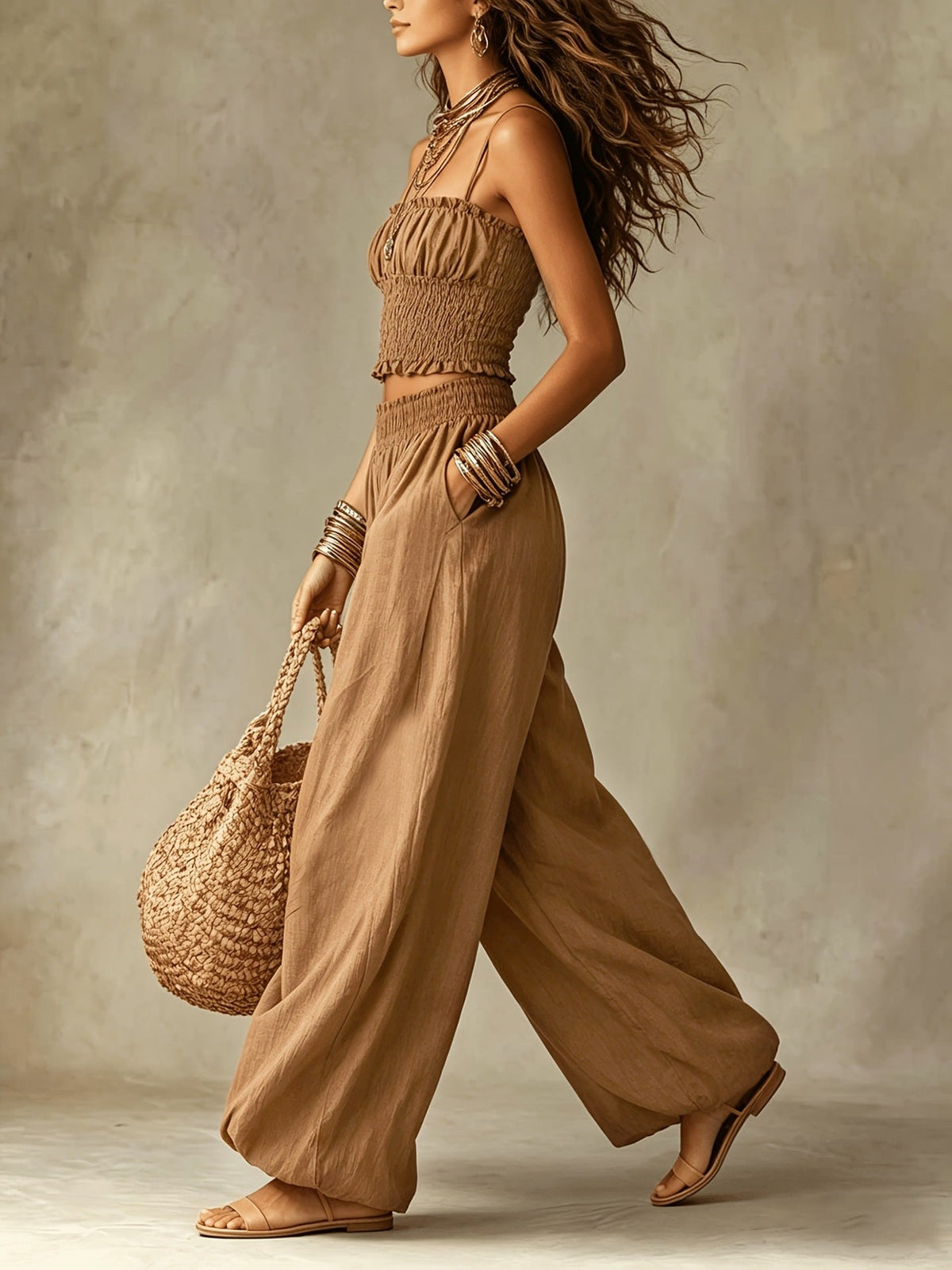 Women's Smocked Crop Top & Wide-Leg Pants Two-Piece Set