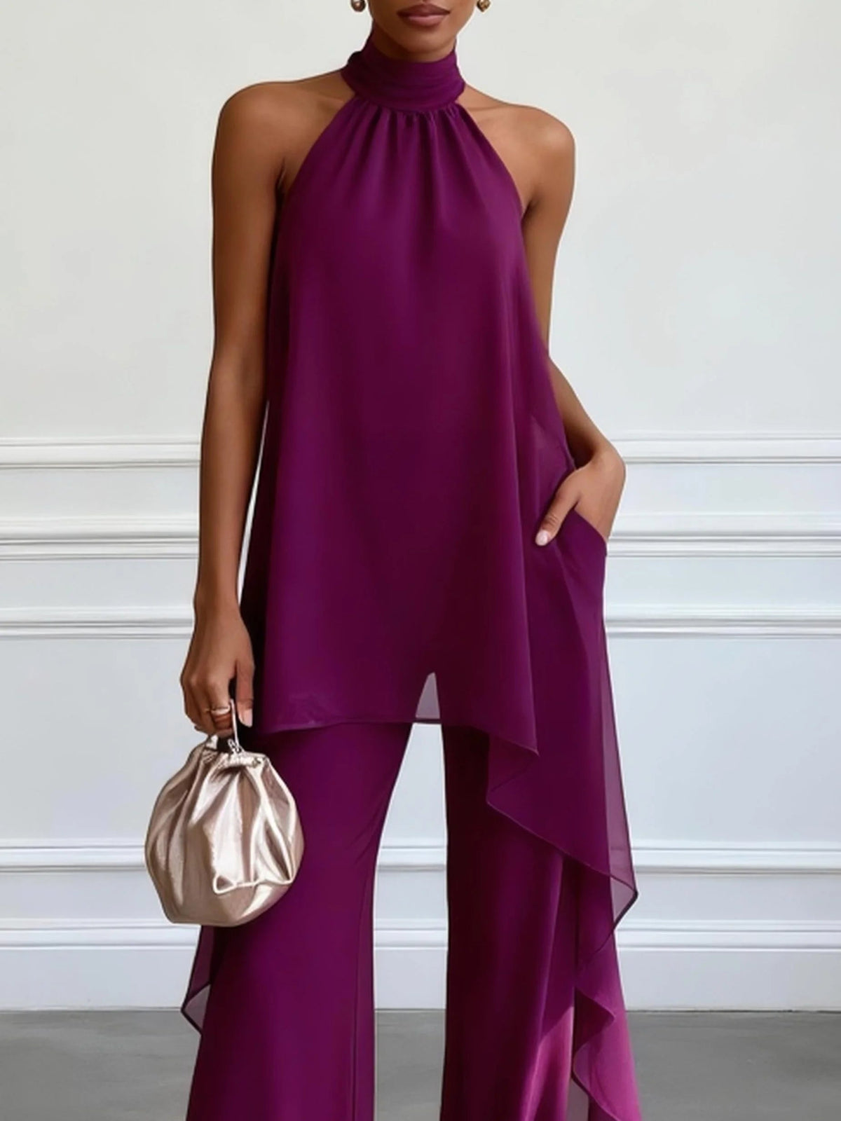 Elegant Purple Halter Sleeveless Top and Pants Two-Piece Set