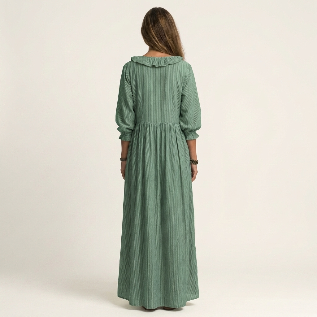 Yosetta Ruffle-V-Neck Striped Lantern-Sleeve Maxi Dress - Effortlessly Chic & Flattering
