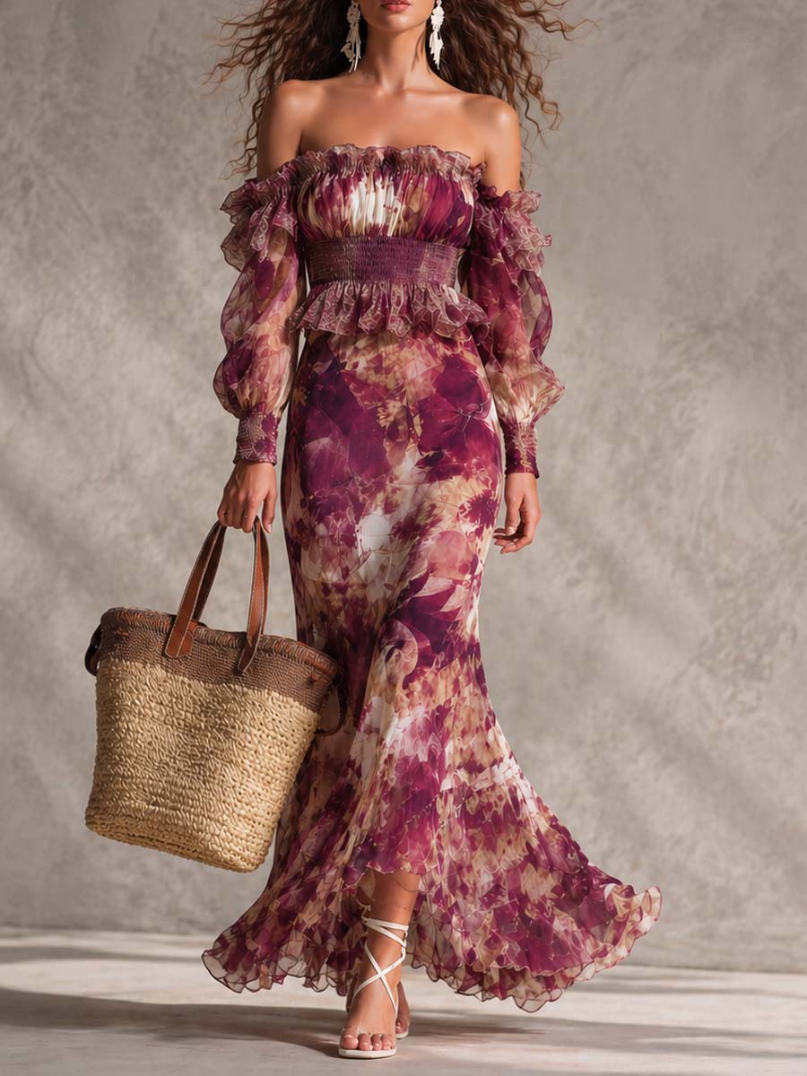 Elegant Rose Pink Floral Off-Shoulder Chiffon Maxi Dress