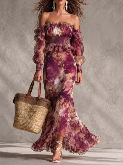 Elegant Rose Pink Floral Off-Shoulder Chiffon Maxi Dress
