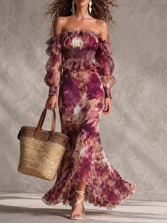 Elegant Rose Pink Floral Off-Shoulder Chiffon Maxi Dress