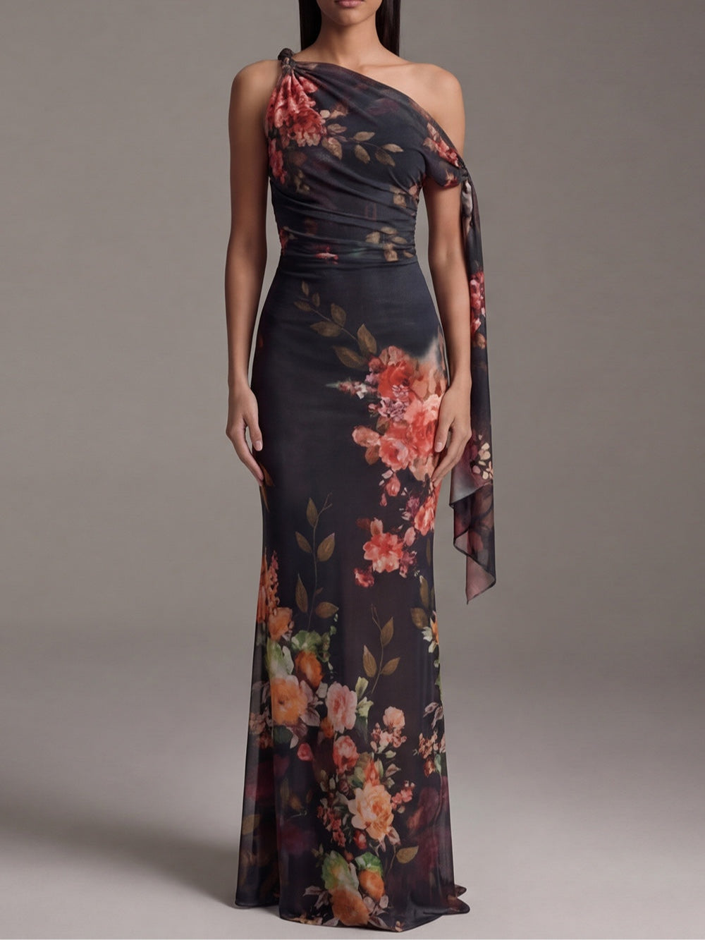 Black One-Shoulder Pleated Chiffon Maxi Dress with Elegant Print