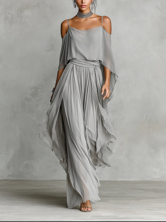 Elegant Grey Off-Shoulder Flowy Chiffon Camisole and Trousers Set