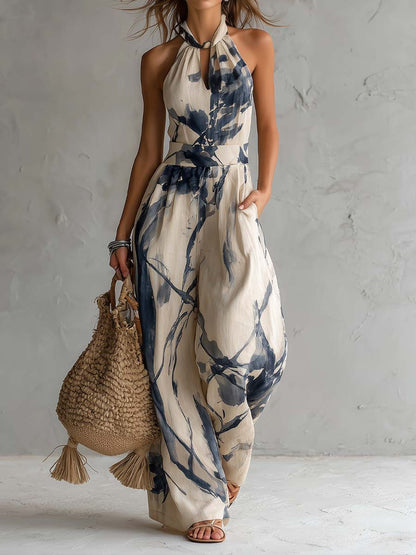 Stylish Halter Neck Ink-Wash Print Wide-Leg Jumpsuit with Pockets