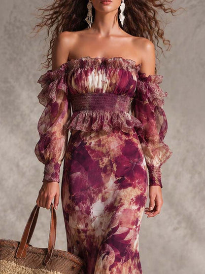 Elegant Rose Pink Floral Off-Shoulder Chiffon Maxi Dress