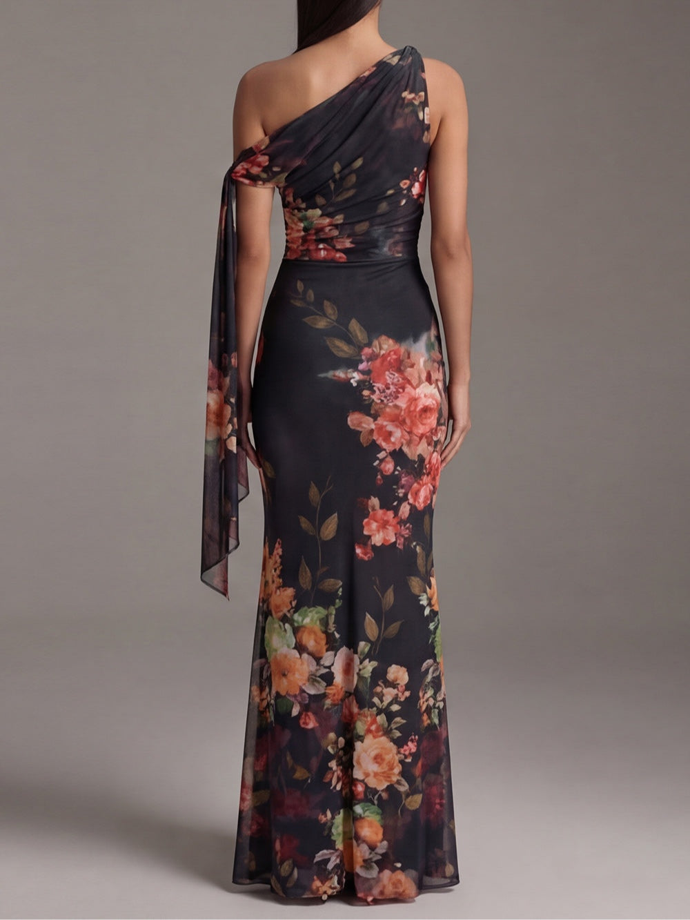Black One-Shoulder Pleated Chiffon Maxi Dress with Elegant Print