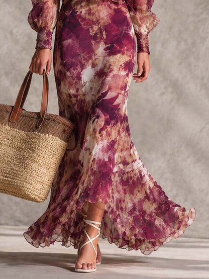 Elegant Rose Pink Floral Off-Shoulder Chiffon Maxi Dress