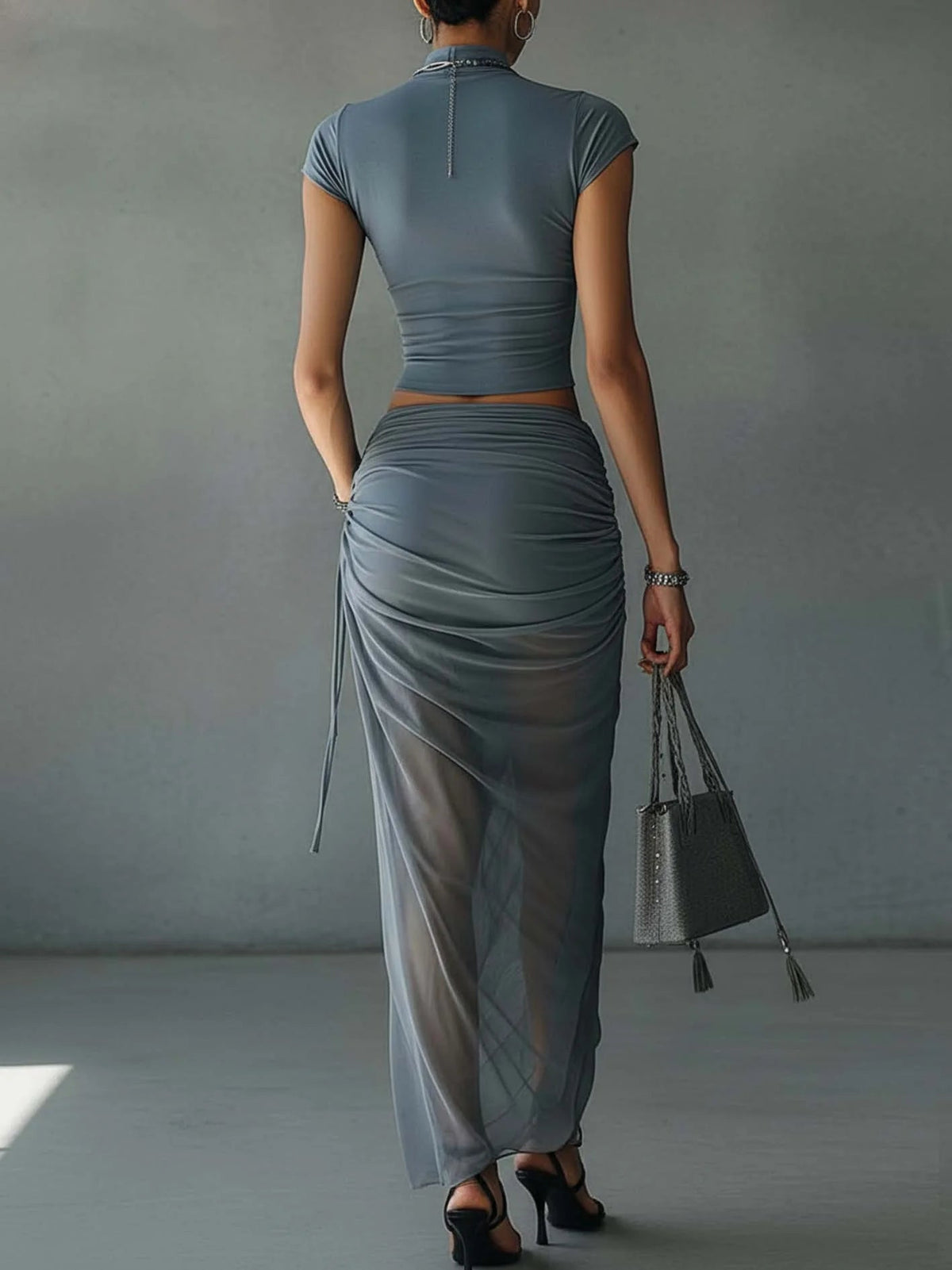 Blue Cropped T-Shirt with Sheer Mesh Draped Skirt Set