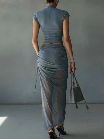 Blue Cropped T-Shirt with Sheer Mesh Draped Skirt Set