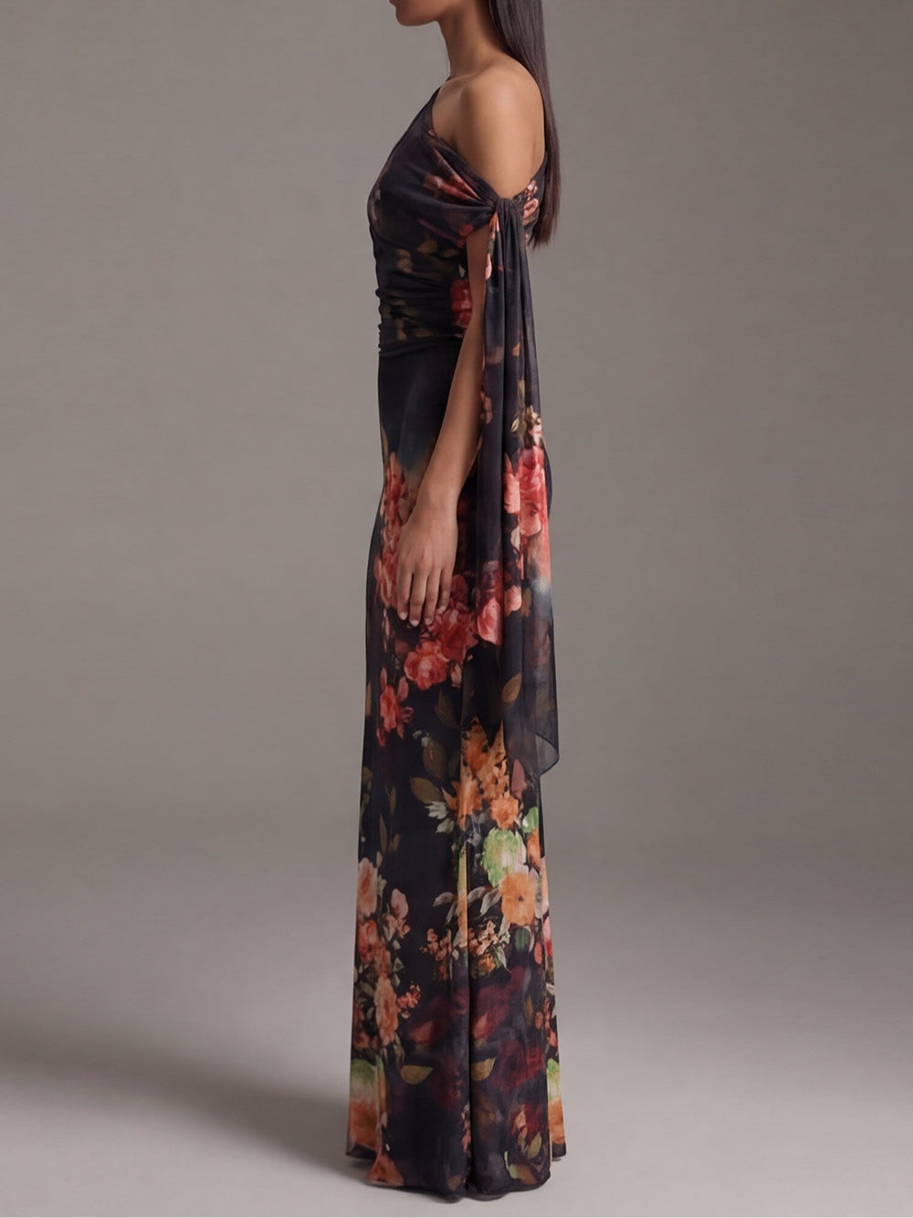 Black One-Shoulder Pleated Chiffon Maxi Dress with Elegant Print