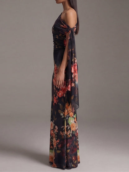 Black One-Shoulder Pleated Chiffon Maxi Dress with Elegant Print