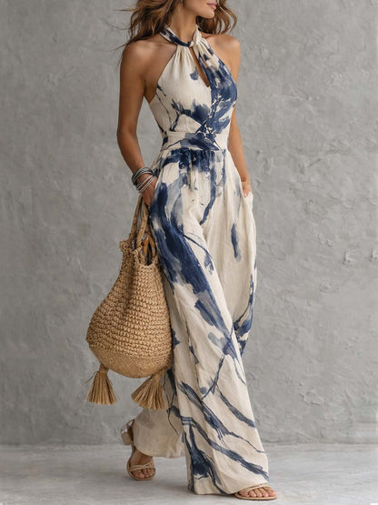 Stylish Halter Neck Ink-Wash Print Wide-Leg Jumpsuit with Pockets