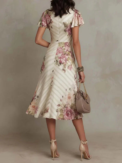 Alba | Elegant Floral Ruched-Wrap Midi Dress for Effortless Sophistication