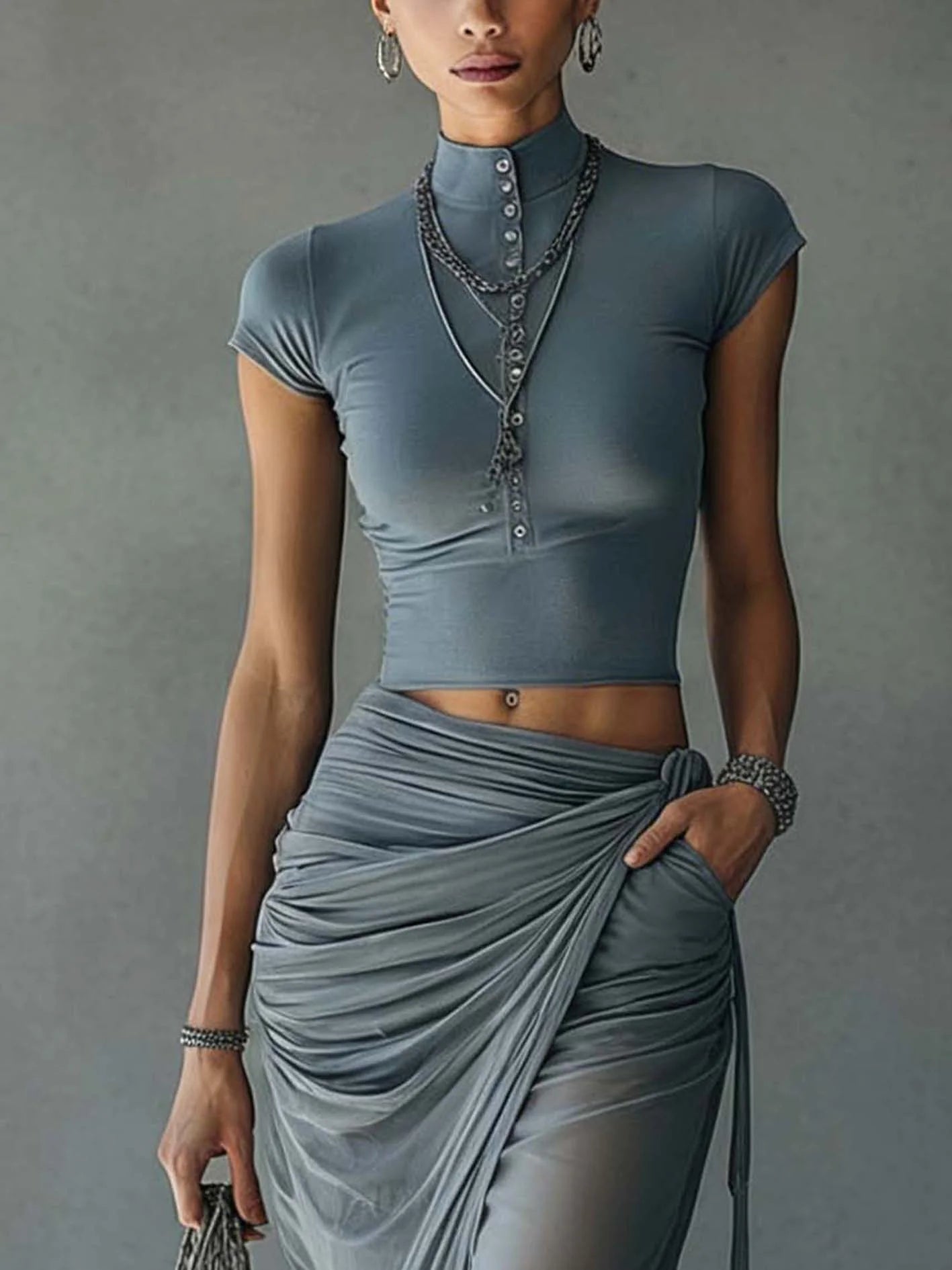 Blue Cropped T-Shirt with Sheer Mesh Draped Skirt Set