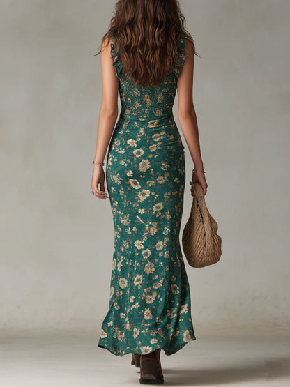 Bohemian Green Printed Maxi Dress with Elegant Ruffled Sleeves