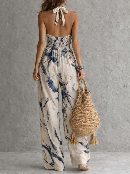 Stylish Halter Neck Ink-Wash Print Wide-Leg Jumpsuit with Pockets