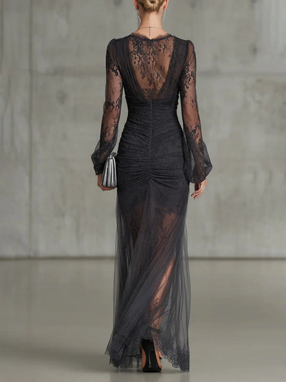 Elegant Dark Grey Lace Ruched Sheer Long-Sleeve Slit Maxi Dress