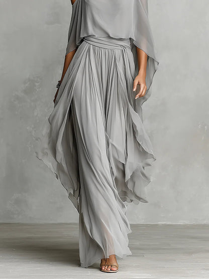 Elegant Grey Off-Shoulder Flowy Chiffon Camisole and Trousers Set