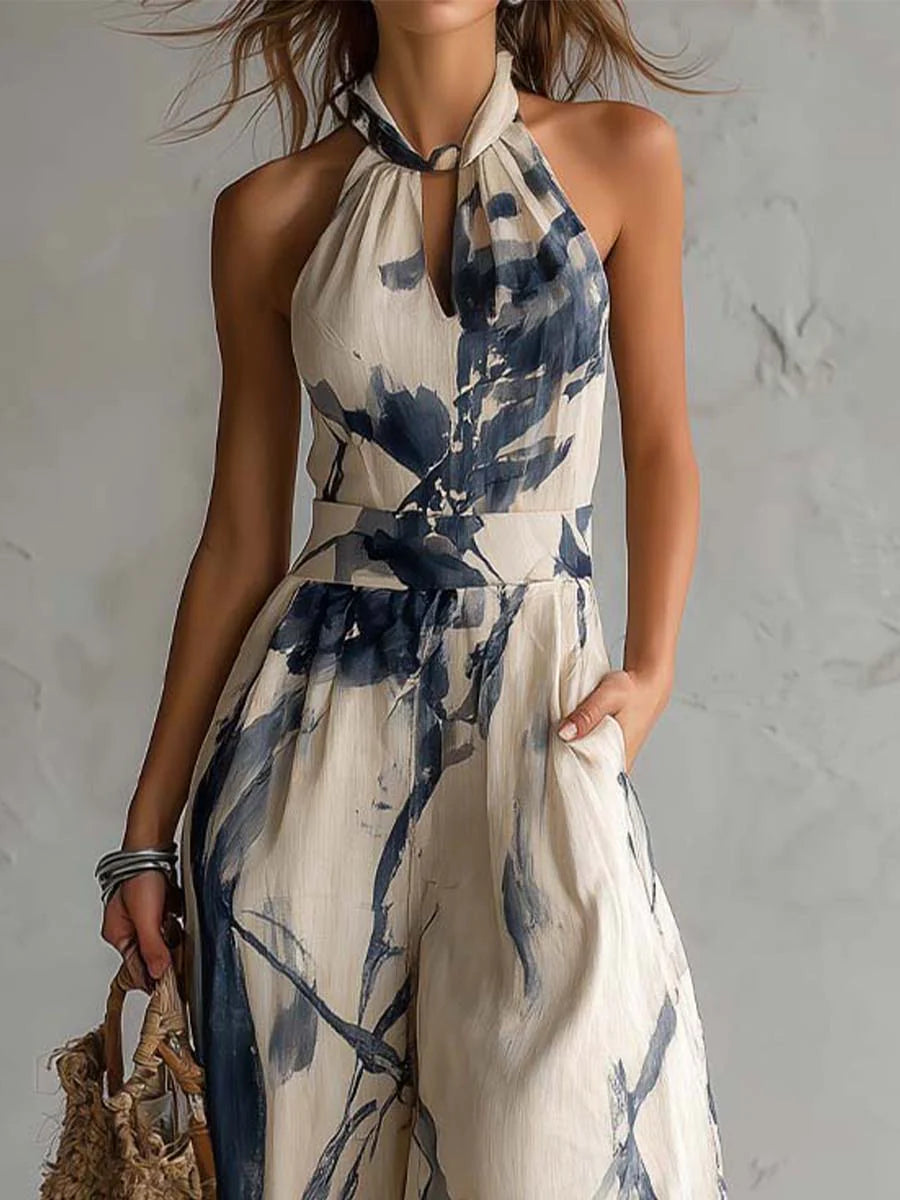 Stylish Halter Neck Ink-Wash Print Wide-Leg Jumpsuit with Pockets