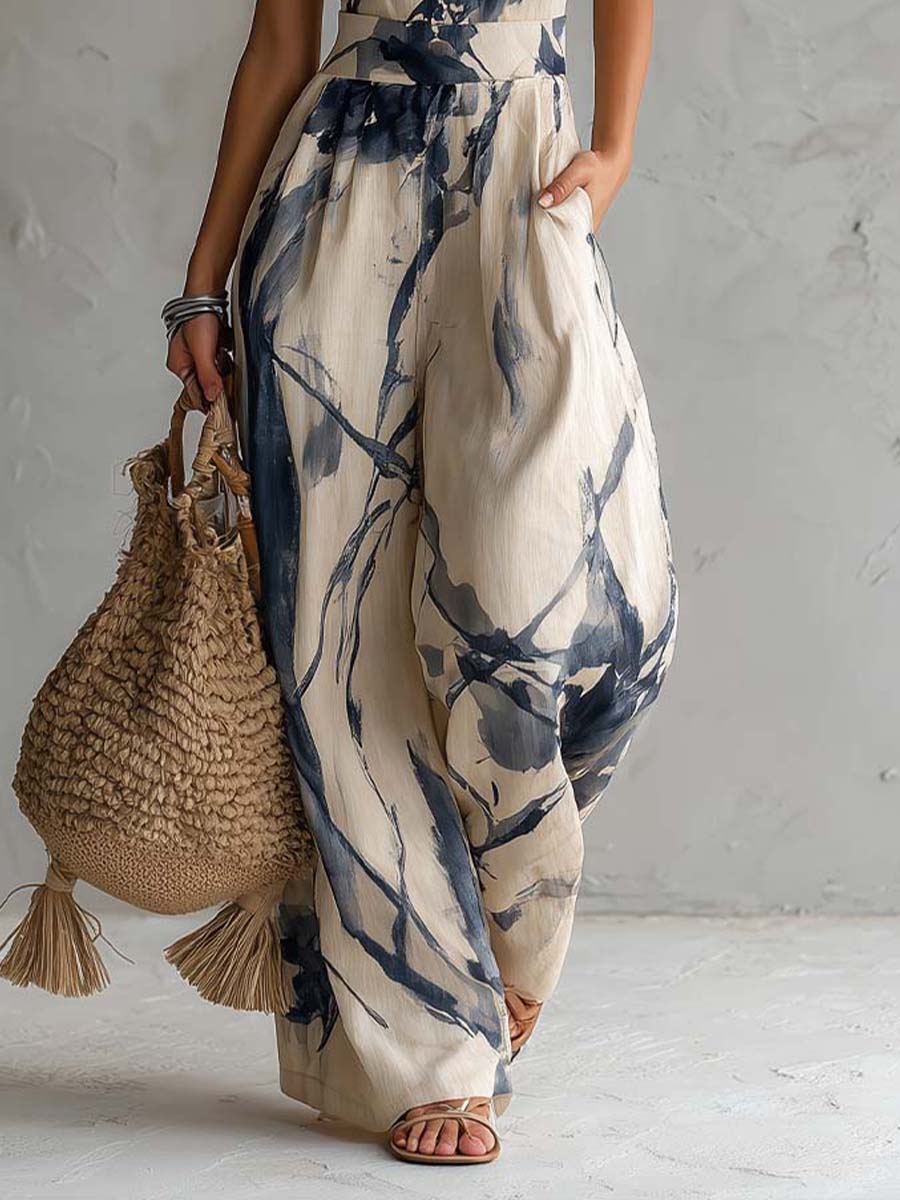Stylish Halter Neck Ink-Wash Print Wide-Leg Jumpsuit with Pockets