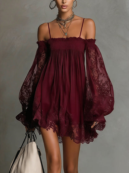 Noemi | Navy Chiffon Mini Dress with Off-the-Shoulder Neckline, Delicate Lace Trim, and Sheer Sleeves