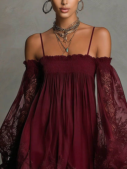 Noemi | Navy Chiffon Mini Dress with Off-the-Shoulder Neckline, Delicate Lace Trim, and Sheer Sleeves