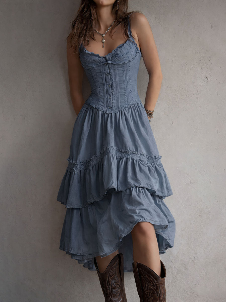 Chic Retro Boho Corset Midi Dress with Tiered Layers and Lace Trim