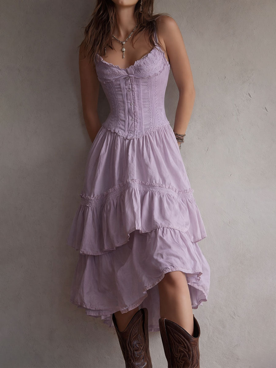 Chic Retro Boho Corset Midi Dress with Tiered Layers and Lace Trim