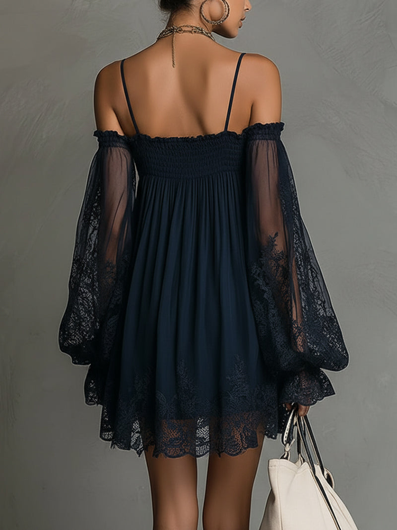 Noemi | Navy Chiffon Mini Dress with Off-the-Shoulder Neckline, Delicate Lace Trim, and Sheer Sleeves