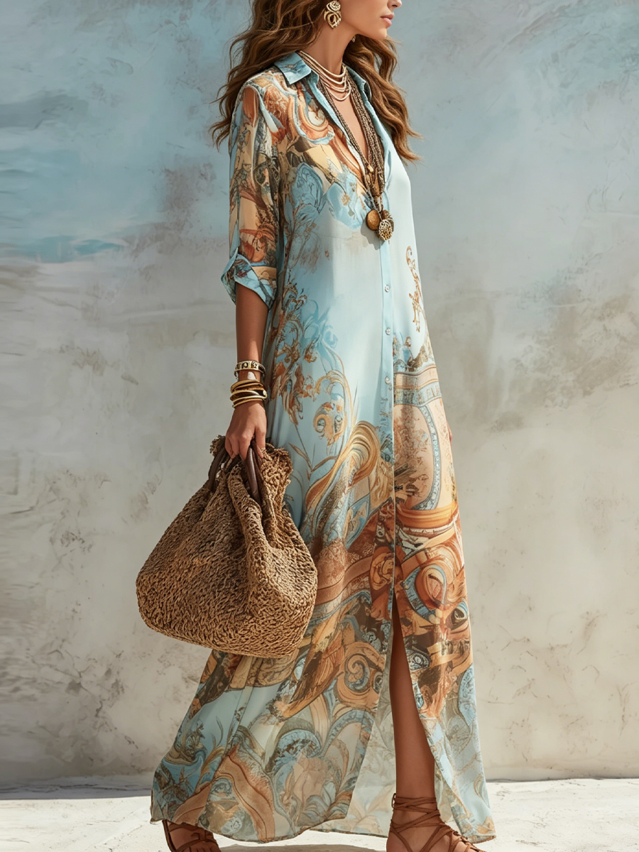 Elegant Baroque-Style Floral Blue Chiffon Maxi Dress