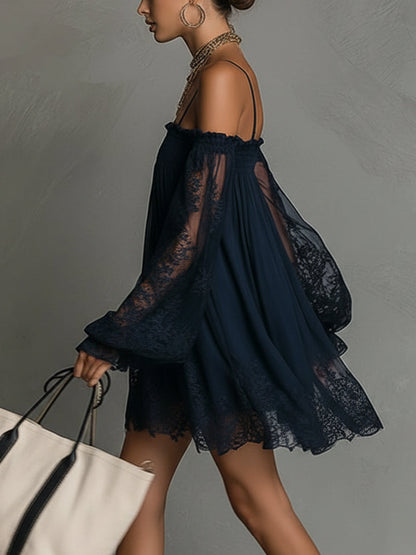 Noemi | Navy Chiffon Mini Dress with Off-the-Shoulder Neckline, Delicate Lace Trim, and Sheer Sleeves