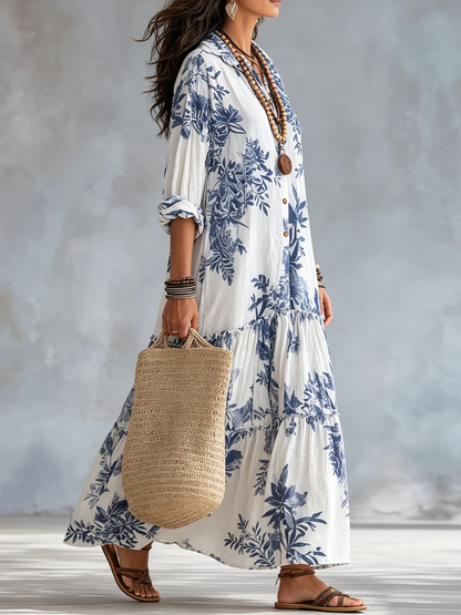 Bohemian Blue Floral Maxi Dress with Button-Front