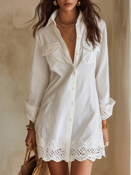 Bohemian Eyelet-Hem Resort White Shirt Mini Dress