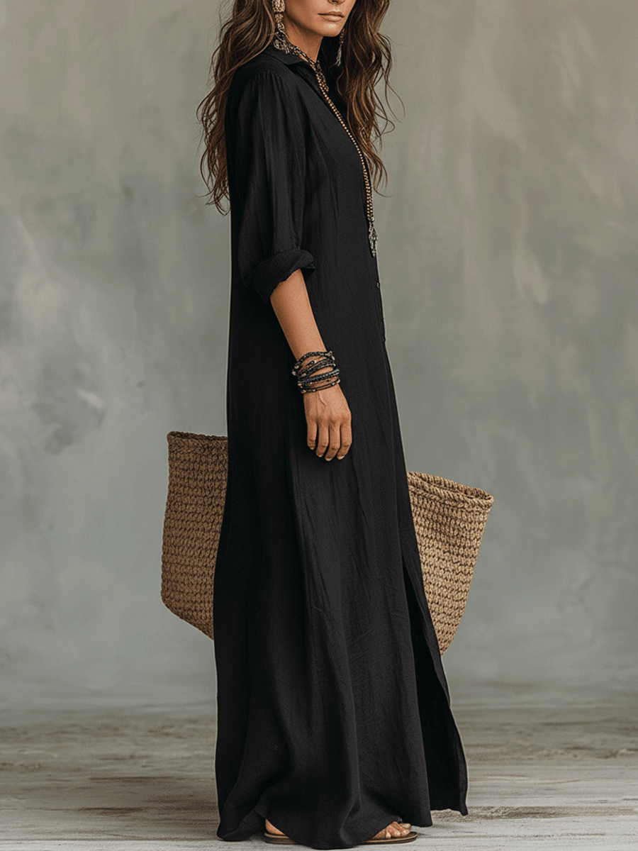Black Bohemian Button-Front Maxi Shirt Dress