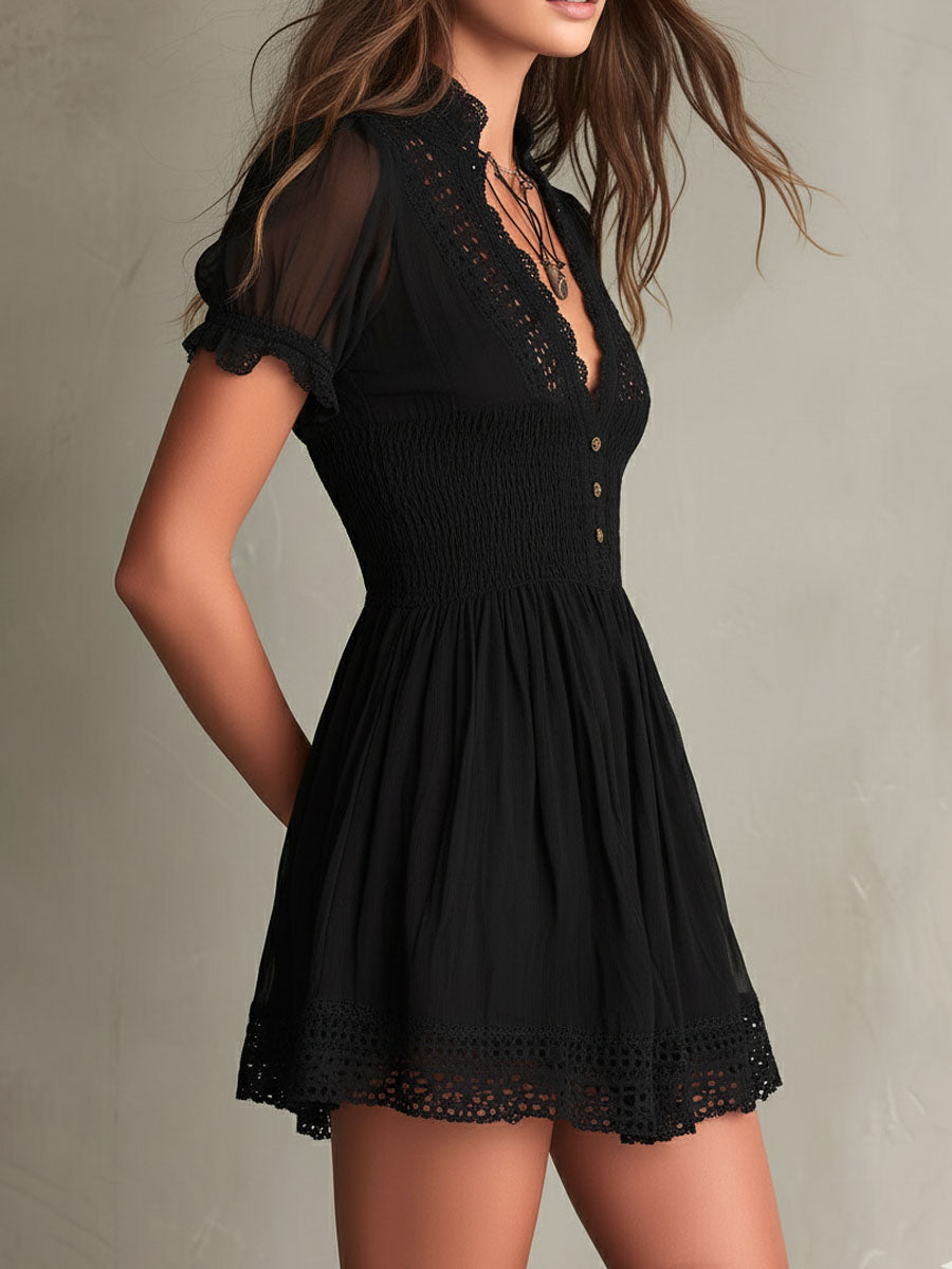 Classic Muse Black Mini Dress with Delicate Smocked Lace Trim
