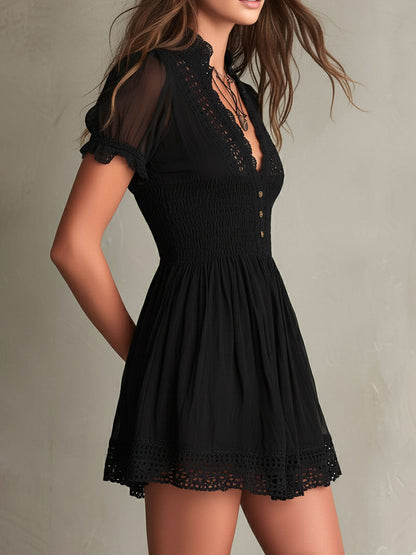 Classic Muse Black Mini Dress with Delicate Smocked Lace Trim