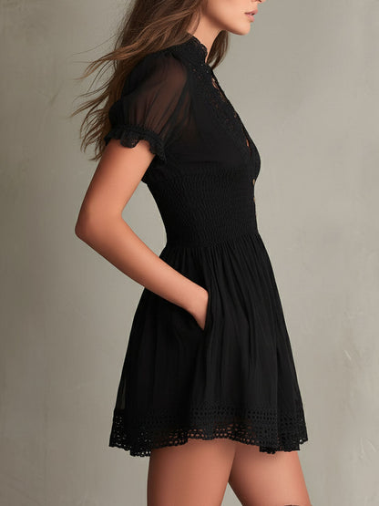 Classic Muse Black Mini Dress with Delicate Smocked Lace Trim