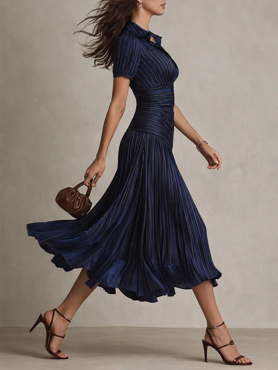 Adriana - Glamorous Retro-Striped Satin Midi Dress