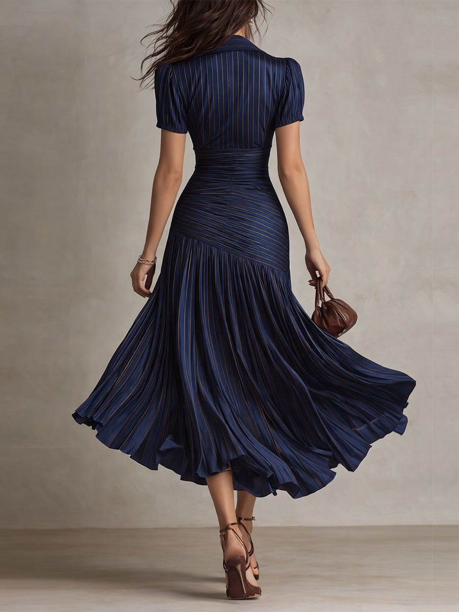Adriana - Glamorous Retro-Striped Satin Midi Dress