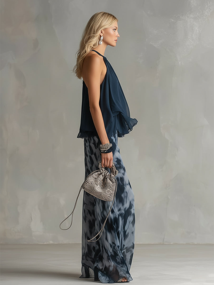 Ludovica | Navy Halter Top & Printed Wide-Leg Set — Sleek, Effortless Style