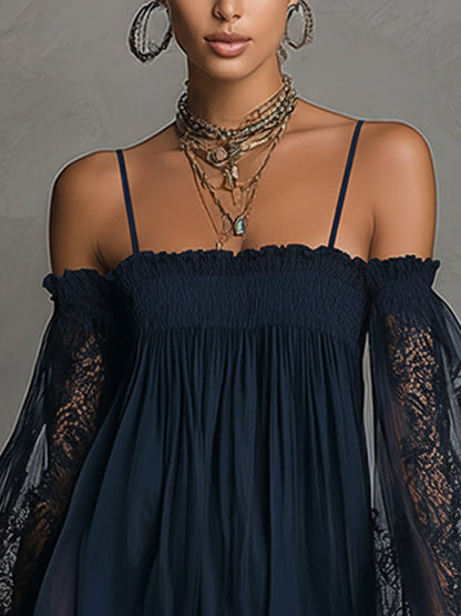 Noemi | Navy Chiffon Mini Dress with Off-the-Shoulder Neckline, Delicate Lace Trim, and Sheer Sleeves