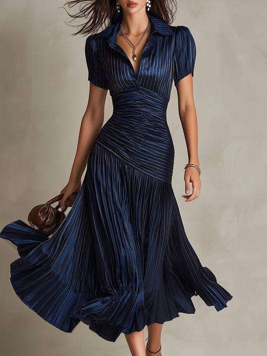 Adriana - Glamorous Retro-Striped Satin Midi Dress