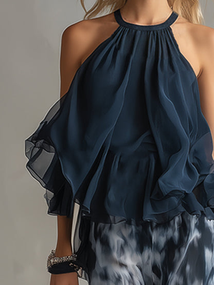 Ludovica | Navy Halter Top & Printed Wide-Leg Set — Sleek, Effortless Style