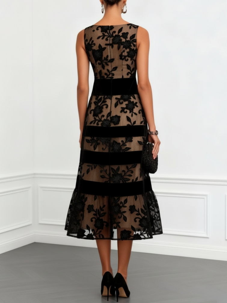 Elegant Black Floral Mesh Sleeveless A-Line Midi Dress