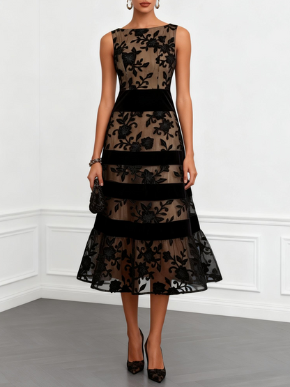 Elegant Black Floral Mesh Sleeveless A-Line Midi Dress