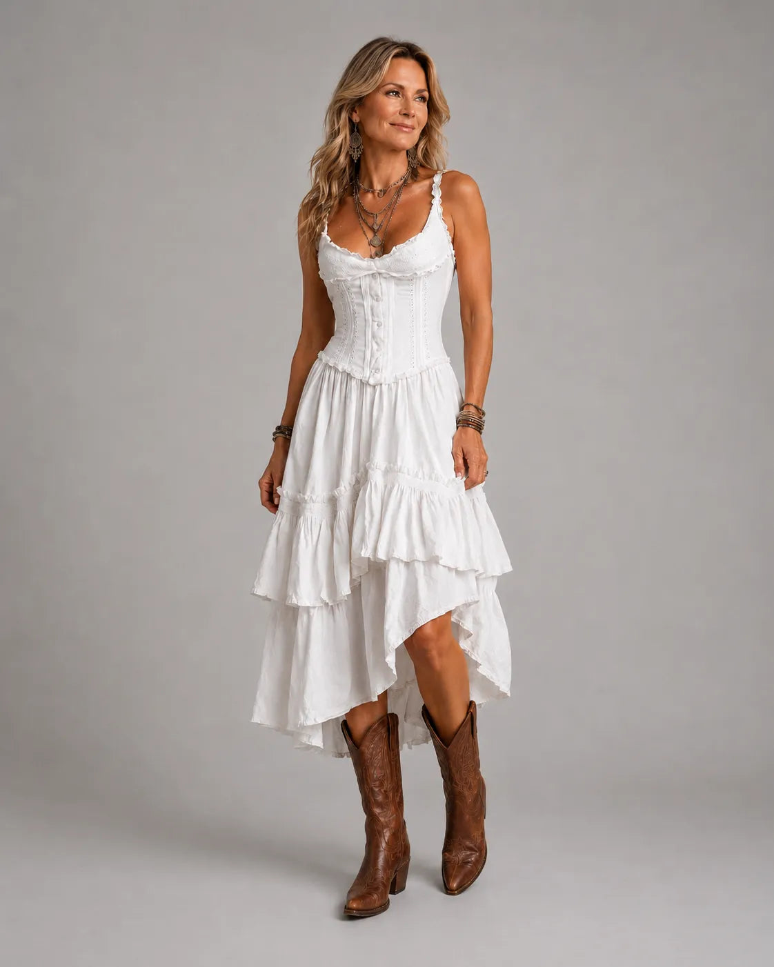 Chic Retro Boho Corset Midi Dress with Tiered Layers and Lace Trim